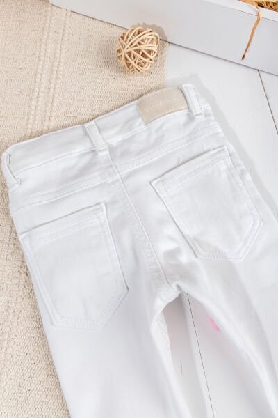 Flamingo Ponponlu Kız Bebek Denim Pantolon Beyaz