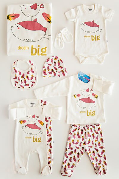 Kuş Baskılı Kız Bebek Hastane Çıkışı Zıbın Seti Bebek Takımı