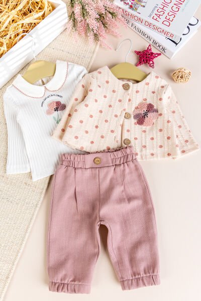 Puantiyeli 3'lü Çiçek İşlemeli Pamuklu Kız Bebek Takımı Set