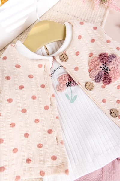 Puantiyeli 3'lü Çiçek İşlemeli Pamuklu Kız Bebek Takımı Set