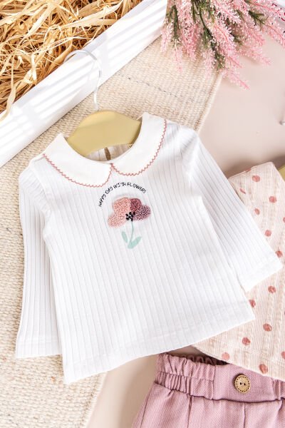 Puantiyeli 3'lü Çiçek İşlemeli Pamuklu Kız Bebek Takımı Set