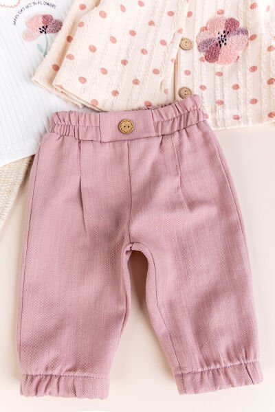 Puantiyeli 3'lü Çiçek İşlemeli Pamuklu Kız Bebek Takımı Set