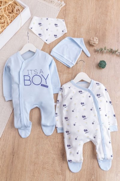 Palmiye Desenli Boy Baskılı 2'li Uzun Kollu Erkek Bebek Tulum Takım