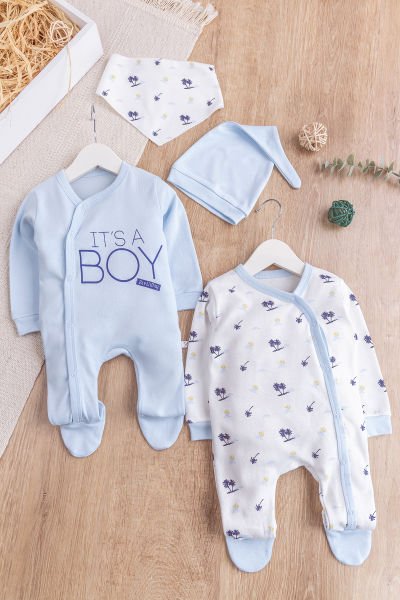 Palmiye Desenli Boy Baskılı 2'li Uzun Kollu Erkek Bebek Tulum Takım MAVİ - 3-6 AY
