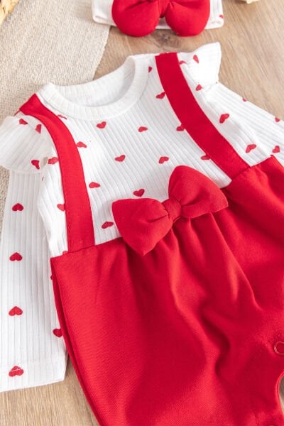 Kalp Desenli Fiyonklu Bandanalı Kız Bebek Tulum