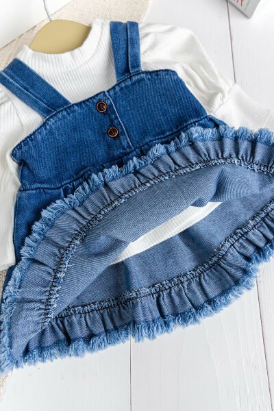 Püsküllü Jean Jile  Elbise Kot Salopet Buluz Set