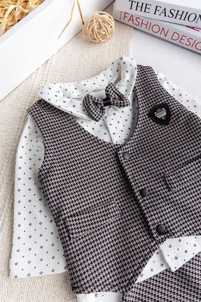 Kaz Ayagı Desenli Yelekli  Papyonlu 4'lü Erkek Bebek Takım Set Şık Özel Gün