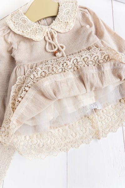 Dantel Detaylı Dokuma Kumaş Bej Kız Bebek Elbise Şık Özelgün Elbise