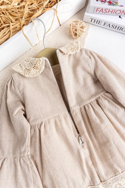 Dantel Detaylı Dokuma Kumaş Bej Kız Bebek Elbise Şık Özelgün Elbise