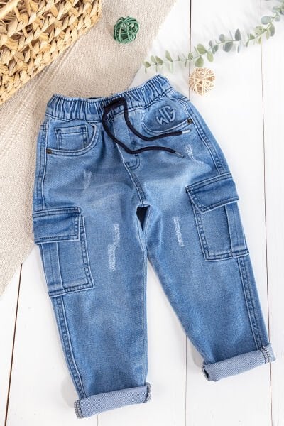 Kargo Cepli Denim Kumaş Beli Lastikli Erkek Çocuk Kot Pantolon MAVİ -  7-8 Yaş