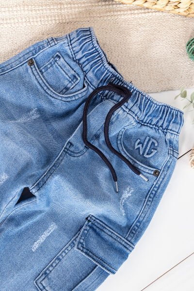 Kargo Cepli Denim Kumaş Beli Lastikli Erkek Çocuk Kot Pantolon MAVİ -  7-8 Yaş
