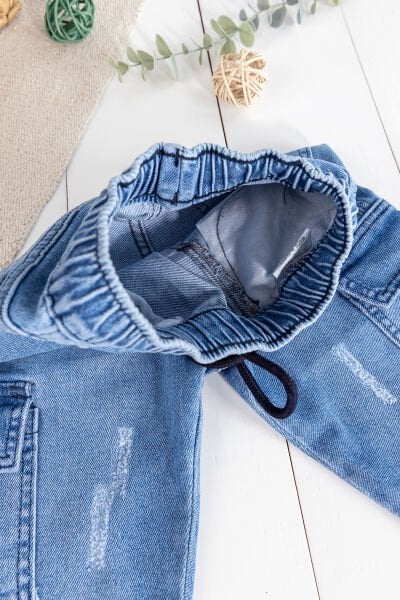Kargo Cepli Denim Kumaş Beli Lastikli Erkek Çocuk Kot Pantolon MAVİ -  7-8 Yaş