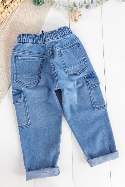 Kargo Cepli Denim Kumaş Beli Lastikli Erkek Çocuk Kot Pantolon MAVİ -  7-8 Yaş