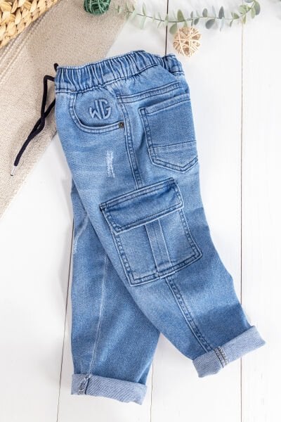 Kargo Cepli Denim Kumaş Beli Lastikli Erkek Çocuk Kot Pantolon MAVİ -  7-8 Yaş