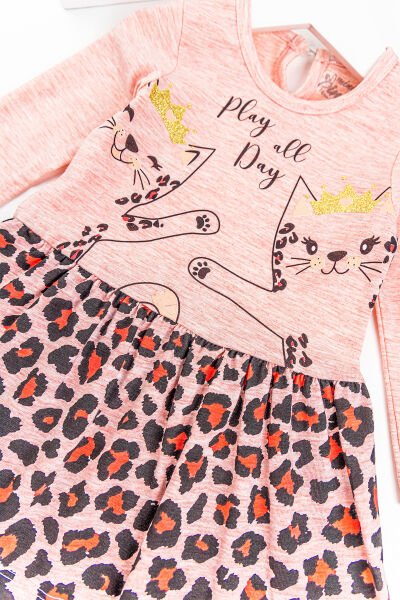Leopar Desenli Kedi Baskılı Kız Bebek Elbise