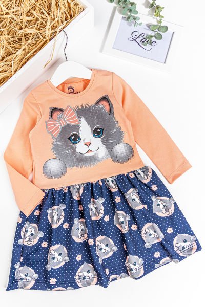 Kedi Baskılı Puantiyeli Kız Çocuk Elbise