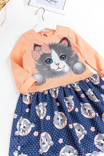 Kedi Baskılı Puantiyeli Kız Çocuk Elbise