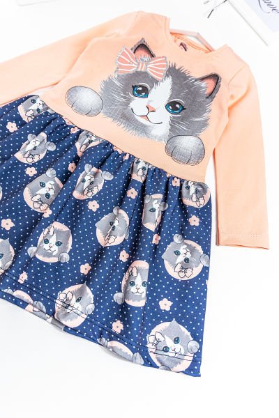 Kedi Baskılı Puantiyeli Kız Çocuk Elbise