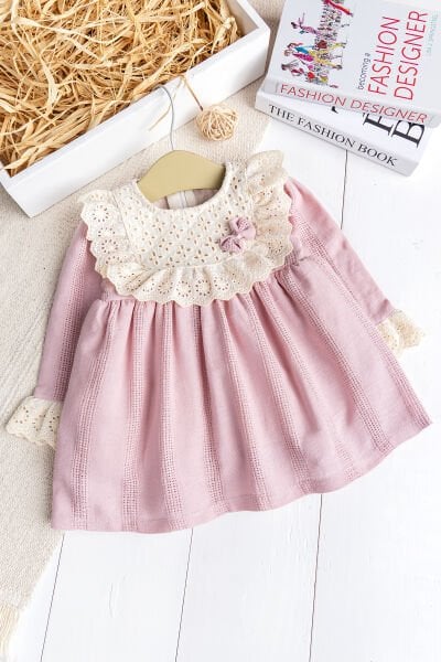 Fistolu Kare Yaka %100 Pamuk Pembe Kız Bebek Elbise Özel Gün Doğum Günü