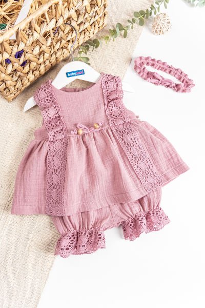 Güpürlü Bandanalı Müslin 3'lü Takım Kız Bebek Elbise Gül kurusu -  6-9 AY