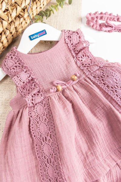 Güpürlü Bandanalı Müslin 3'lü Takım Kız Bebek Elbise Gül kurusu -  6-9 AY