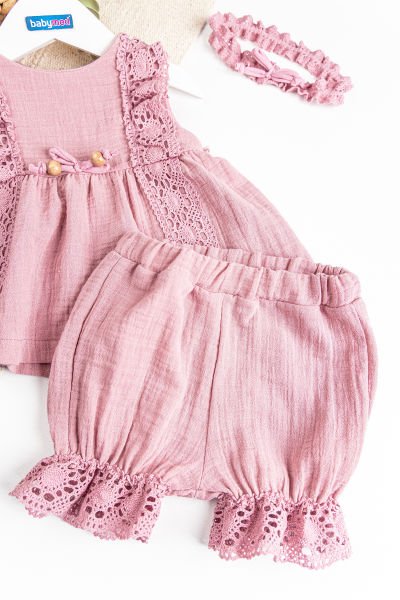 Güpürlü Bandanalı Müslin 3'lü Takım Kız Bebek Elbise Gül kurusu -  6-9 AY