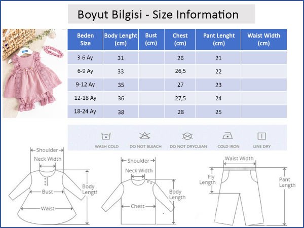 Güpürlü Bandanalı Müslin 3'lü Takım Kız Bebek Elbise Gül kurusu -  6-9 AY