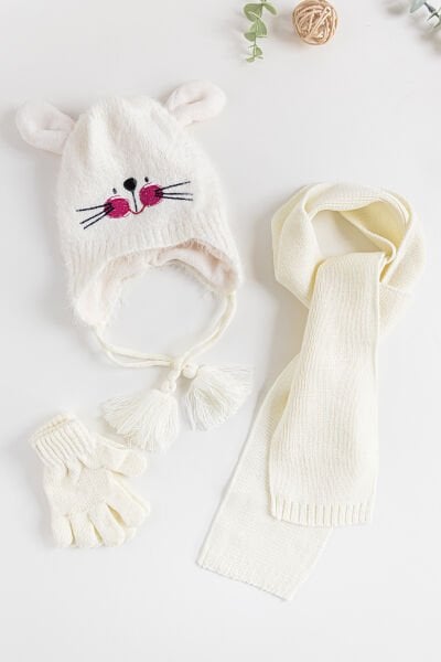 Tavşan Figürlü 1-4 Yaş Kız Çocuk Atkı Bere Eldiven Takımı KREM - 1-4 Yaş