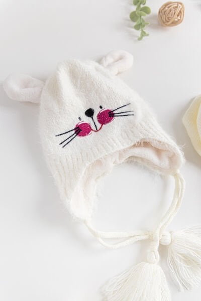 Tavşan Figürlü 1-4 Yaş Kız Çocuk Atkı Bere Eldiven Takımı KREM - 1-4 Yaş