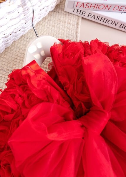 Fiyonklu Güllü Tül Detaylı Şık Dogum Günü Özel Gün Kız Bebek/Çocuk Elbise KIRMIZI - 2 Yaş