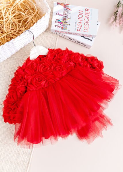 Fiyonklu Güllü Tül Detaylı Şık Dogum Günü Özel Gün Kız Bebek/Çocuk Elbise KIRMIZI - 3 Yaş