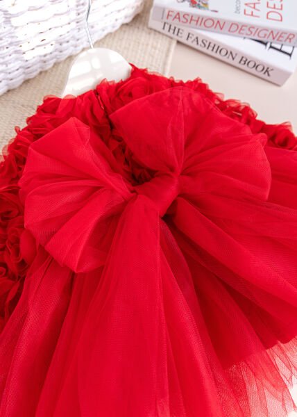 Fiyonklu Güllü Tül Detaylı Şık Dogum Günü Özel Gün Kız Bebek/Çocuk Elbise KIRMIZI - 3 Yaş