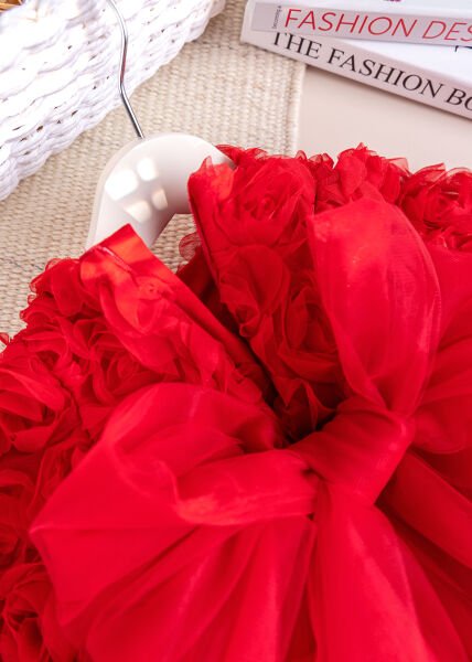 Fiyonklu Güllü Tül Detaylı Şık Dogum Günü Özel Gün Kız Bebek/Çocuk Elbise KIRMIZI - 3 Yaş