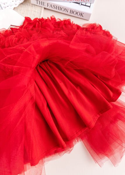 Fiyonklu Güllü Tül Detaylı Şık Dogum Günü Özel Gün Kız Bebek/Çocuk Elbise KIRMIZI - 3 Yaş