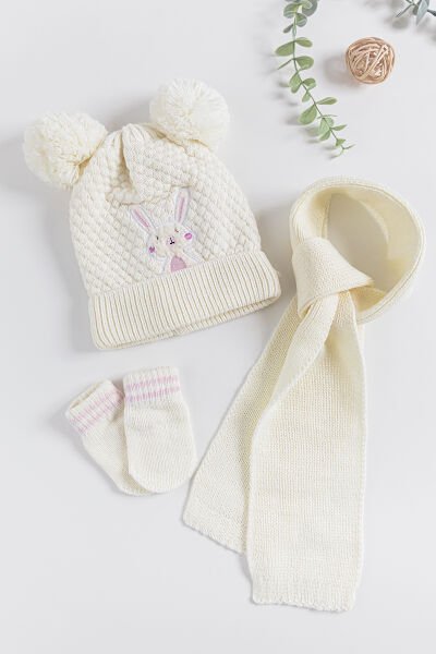 Tavşan İşlemeli 0-18 Ay Kız Bebek Atkı Bere Eldiven Takımı