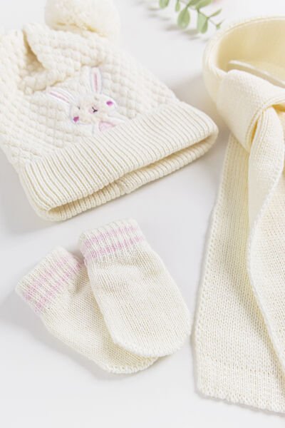 Tavşan İşlemeli 0-18 Ay Kız Bebek Atkı Bere Eldiven Takımı