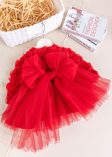 Fiyonklu Güllü Tül Detaylı Şık Dogum Günü Özel Gün Kız Bebek/Çocuk Elbise KIRMIZI - 4 Yaş
