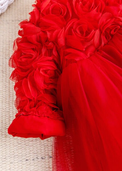 Fiyonklu Güllü Tül Detaylı Şık Dogum Günü Özel Gün Kız Bebek/Çocuk Elbise KIRMIZI - 4 Yaş