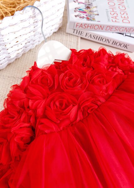Fiyonklu Güllü Tül Detaylı Şık Dogum Günü Özel Gün Kız Bebek/Çocuk Elbise KIRMIZI - 4 Yaş