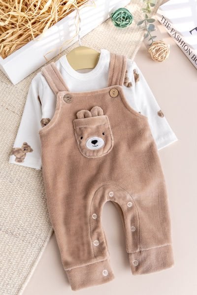 Fiğürlü Kışlık Kadife Erkek Bebek Salopet Tulum Set