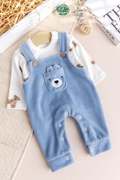 Fiğürlü Kışlık Kadife Erkek Bebek Salopet Tulum Set