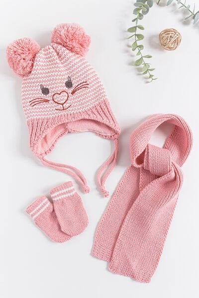 Figürlü 0-18 Ay Kız Bebek Atkı Bere Eldiven Takımı
