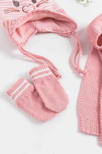Figürlü 0-18 Ay Kız Bebek Atkı Bere Eldiven Takımı
