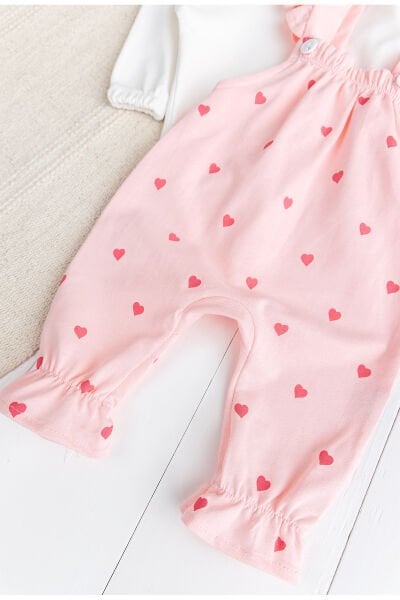 Minik Kalp Desenli Kız Bebek Salopet Tulum Takım Set
