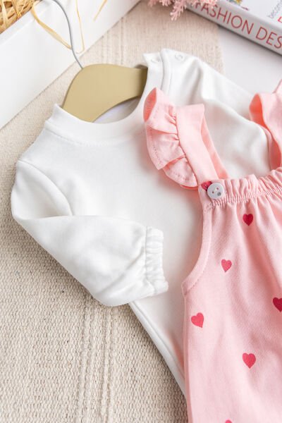 Minik Kalp Desenli Kız Bebek Salopet Tulum Takım Set