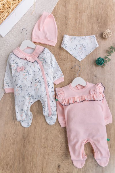 Çiçek Desenli Fırfırlı 2'li Uzun Kollu Kız Bebek Tulum Takım SOMON - 3-6 AY