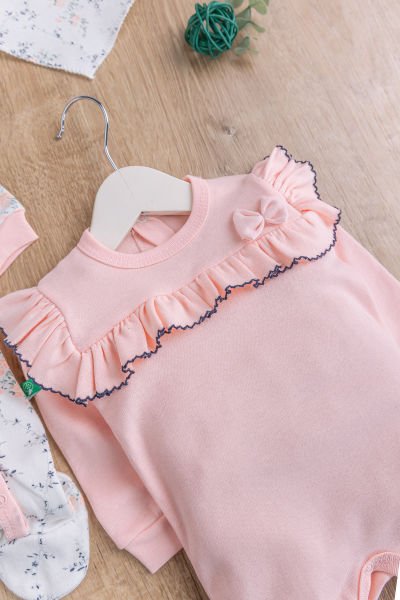 Çiçek Desenli Fırfırlı 2'li Uzun Kollu Kız Bebek Tulum Takım SOMON - 3-6 AY