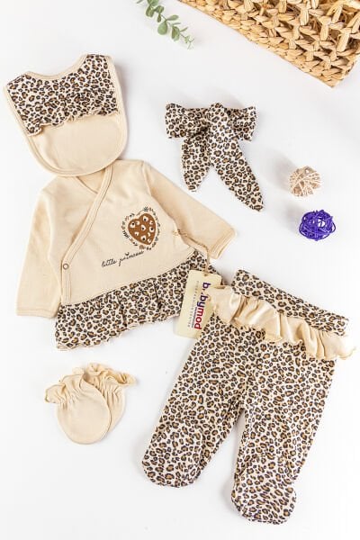 Leopar Baskılı 5 Parça Kız Bebek Hastane Çıkışı Bebek Takımı
