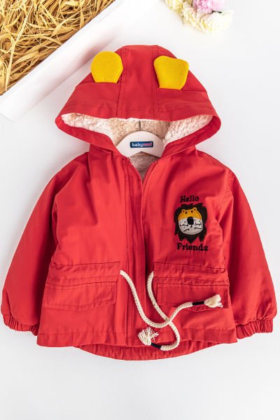 Aslan Figürlü Kırmızı İçi Peluş Erkek Bebek Mont