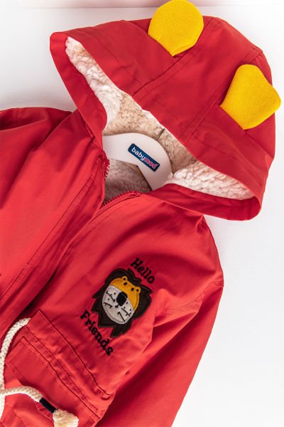 Aslan Figürlü Kırmızı İçi Peluş Erkek Bebek Mont